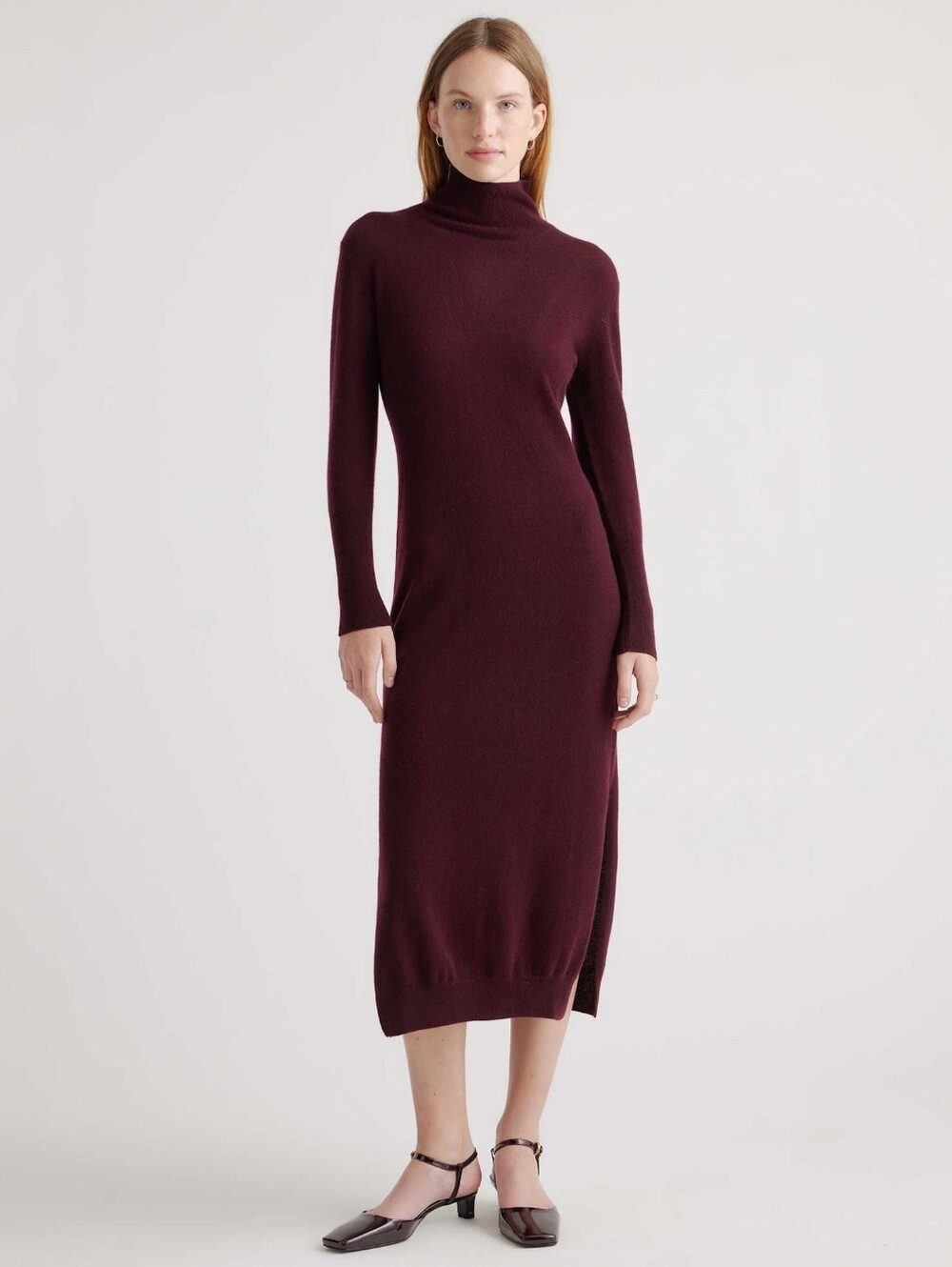 QUINCE 100% Mongolian Cashmere Turtleneck Midi Sweater Dress Women's XS Wine
